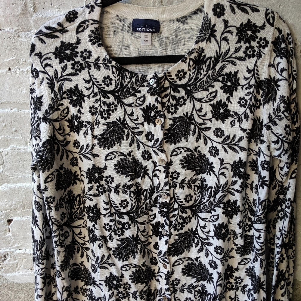 Basic Editions White/Black Floral Cardigan